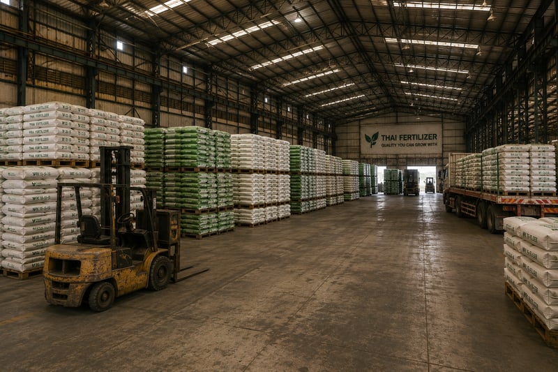 Thai Fertilizer warehouse with stacked fertilizer bags ready for global export