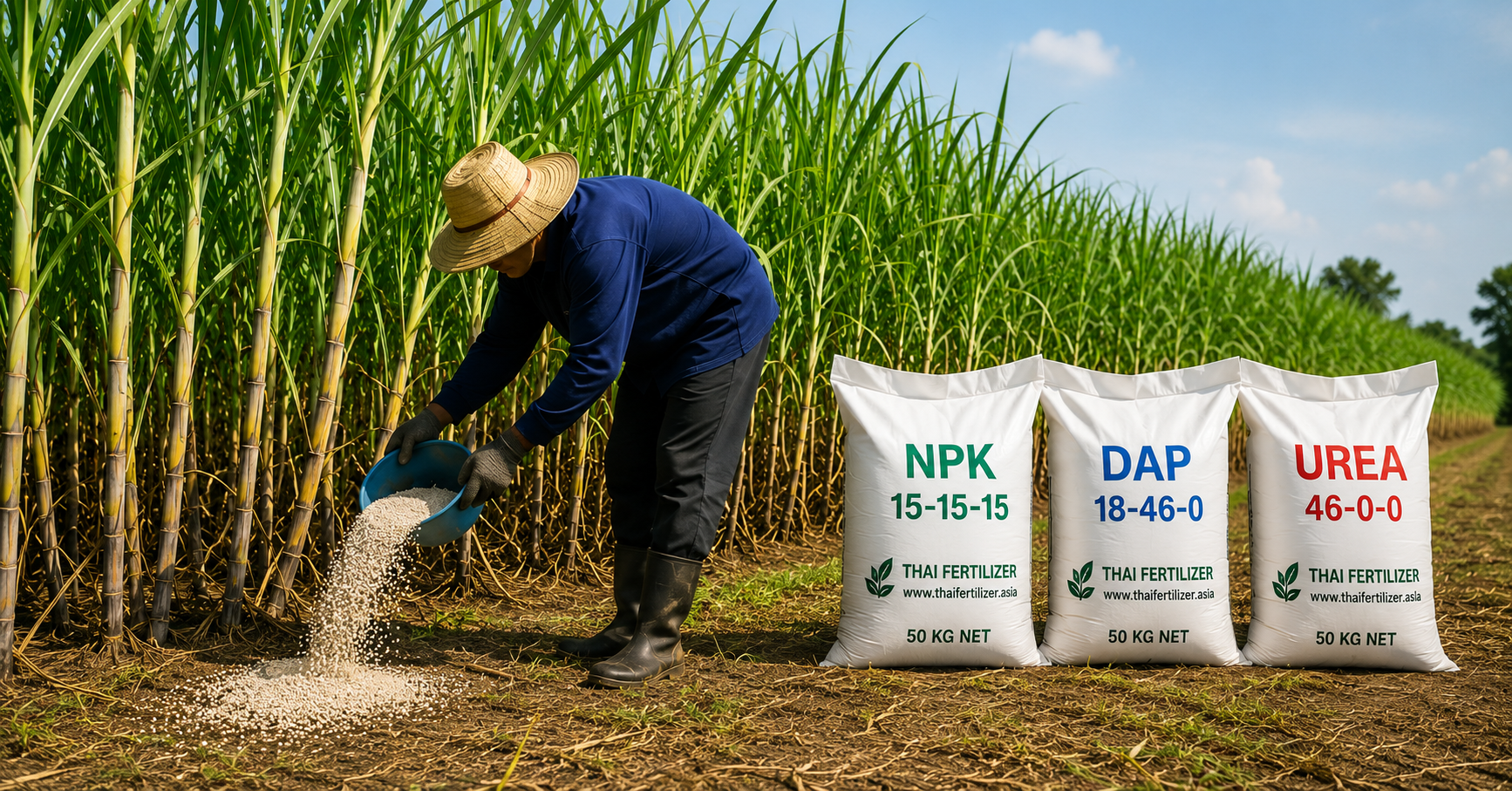 Best Fertilizer for Sugarcane Production Farmer applying Thai Fertilizer products in a sugarcane field to improve crop growth and yield
