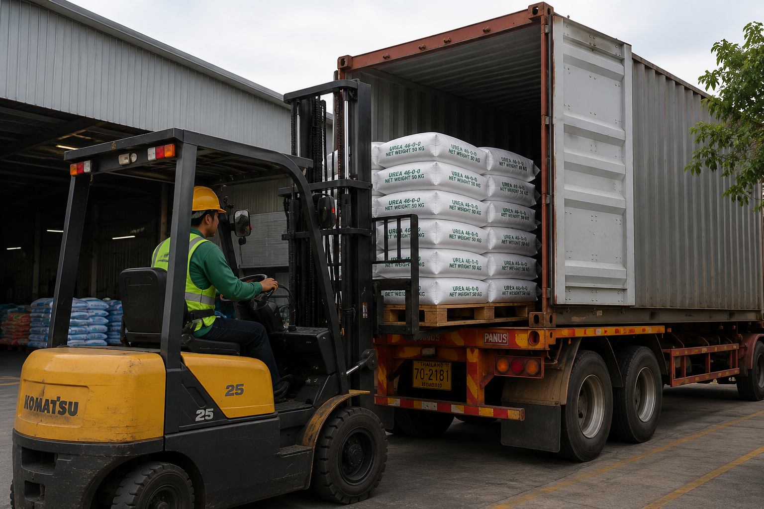 Forklift loading fertilizer bags into shipping container for export
