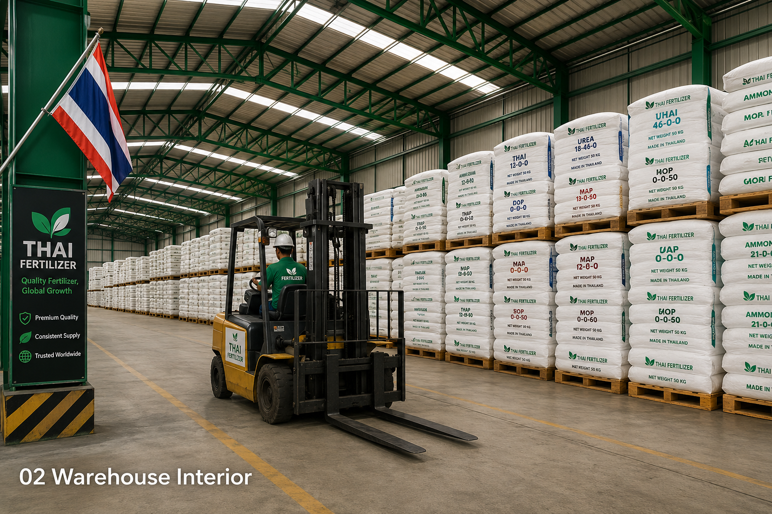 Fertilizer warehouse interior showing proper storage conditions in tropical climate