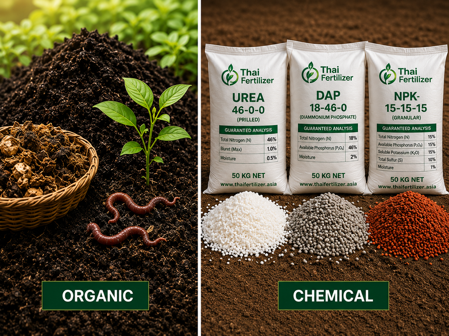 Urea fertilizer granules close-up showing organic vs chemical fertilizer