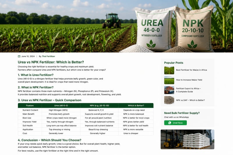 Comparison of urea and NPK fertilizers side by side for agricultural use