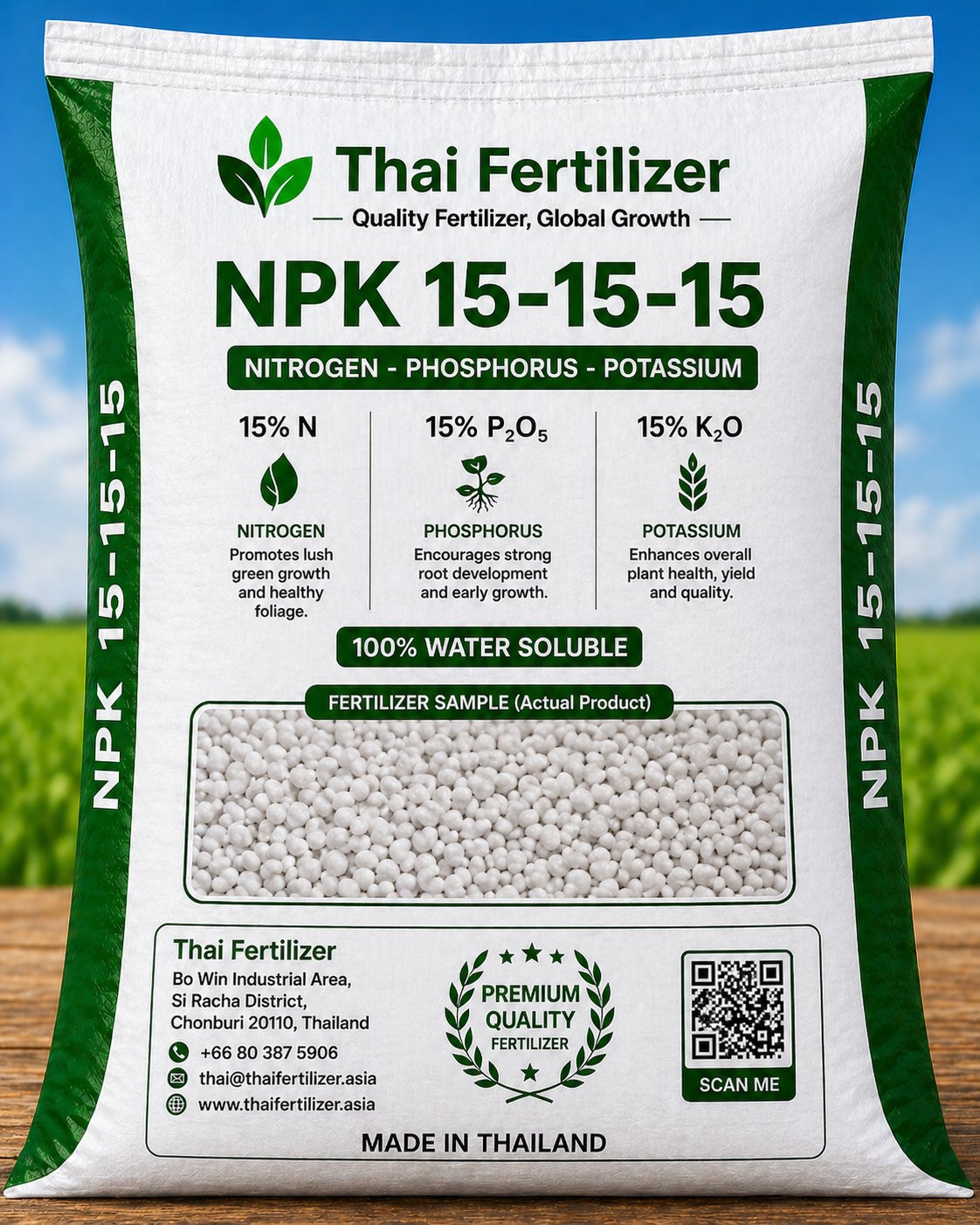 NPK 15-15-15 balanced fertilizer granules in storage